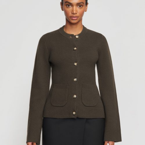 eames cotton wool button cardigan green umber 1