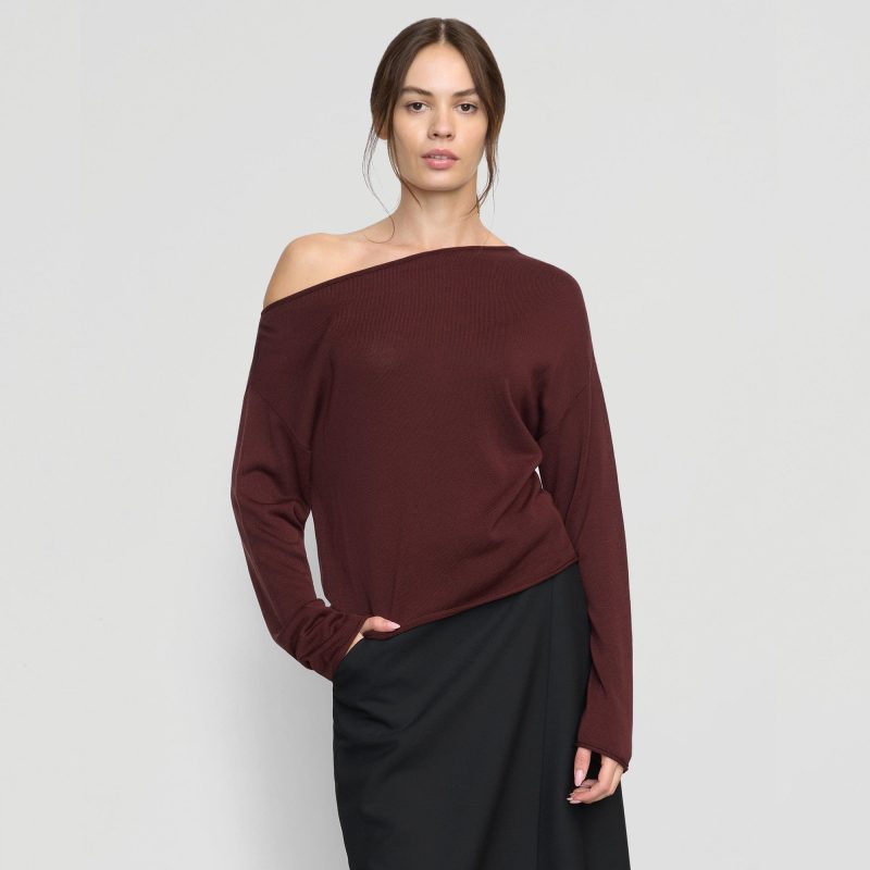 hachi tencel wool off shoulder sweater deep burgundy 0