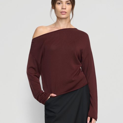 hachi tencel wool off shoulder sweater deep burgundy 1