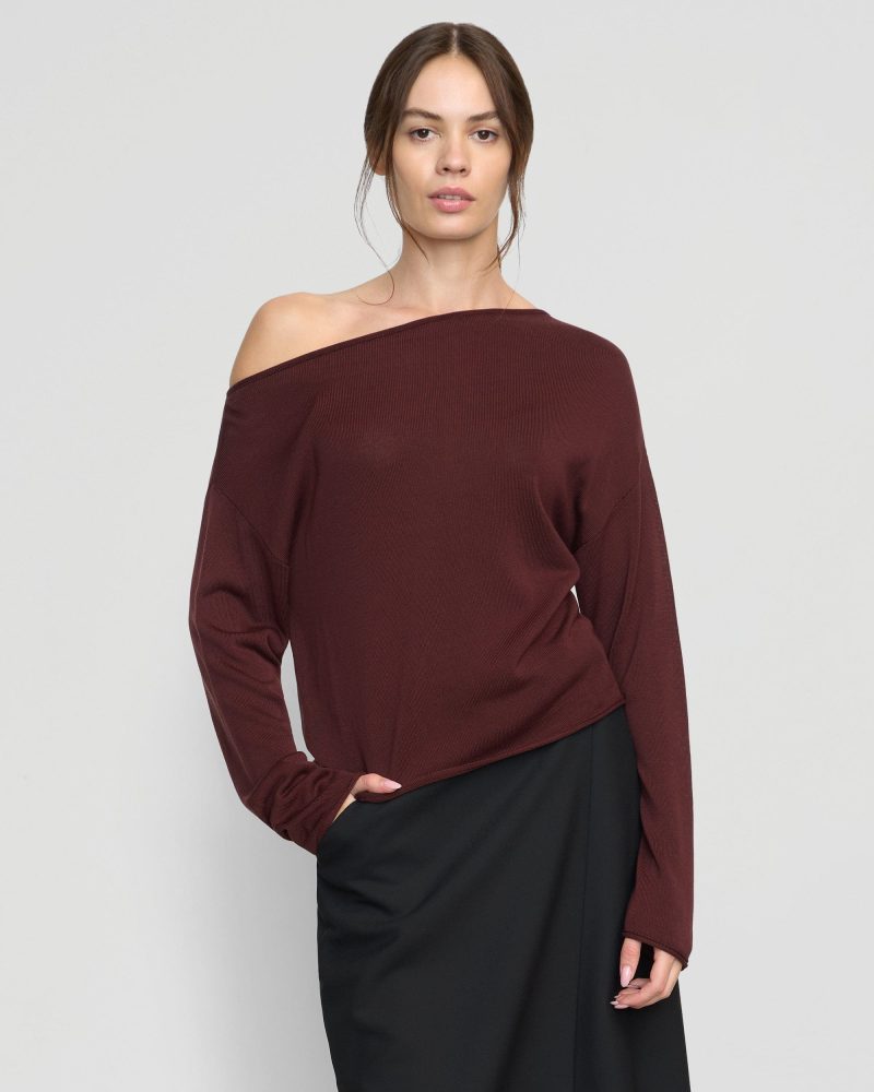 hachi tencel wool off shoulder sweater deep burgundy 1