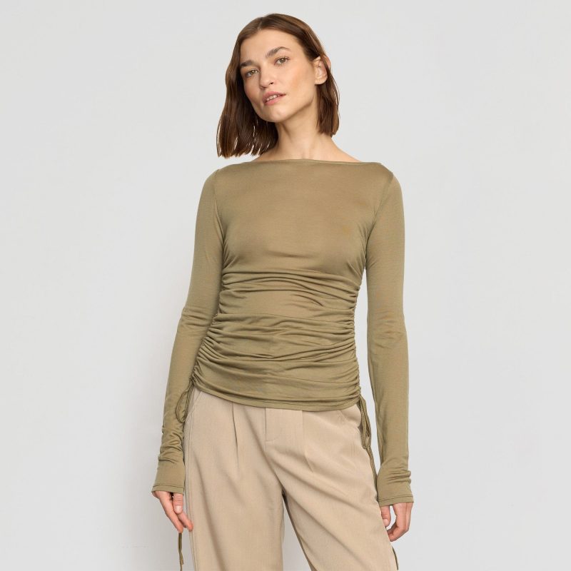 joan tencel ruched side semi sheer tee khaki green 0