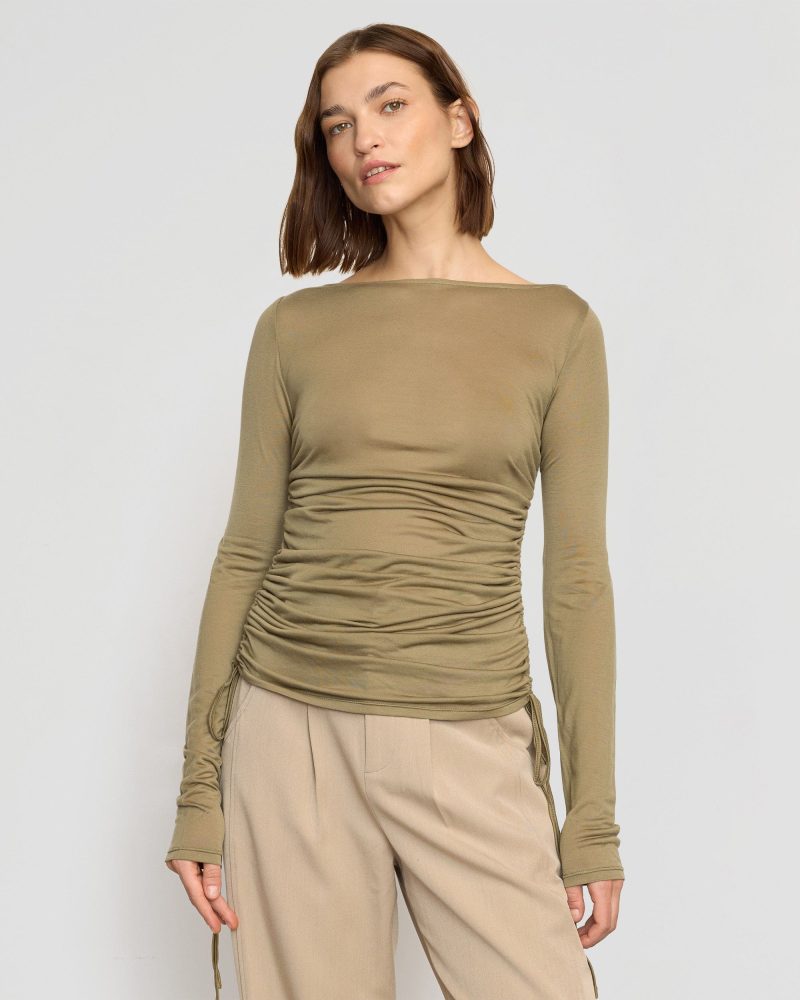 joan tencel ruched side semi sheer tee khaki green 1