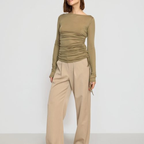 joan tencel ruched side semi sheer tee khaki green 2