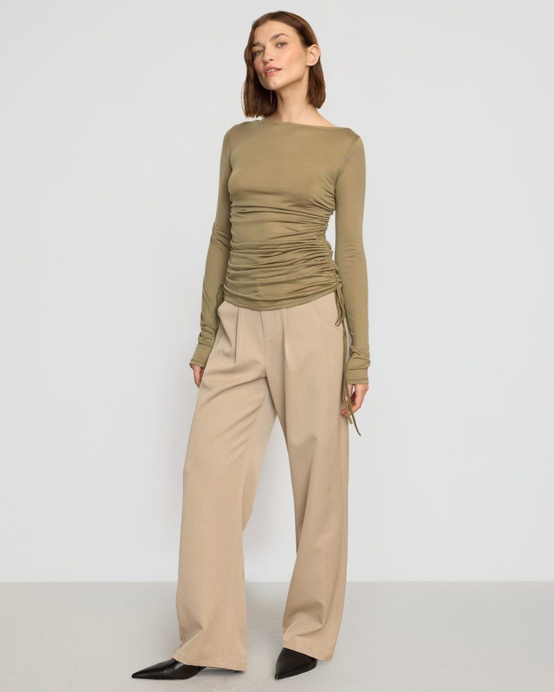 joan tencel ruched side semi sheer tee khaki green 2