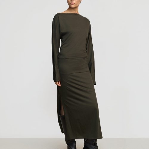 kezia off shoulder satin jersey dress dark nori 1