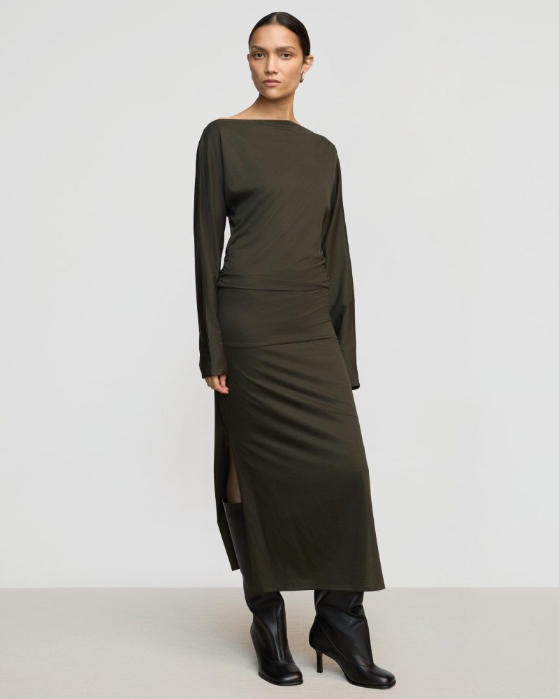 kezia off shoulder satin jersey dress dark nori 1