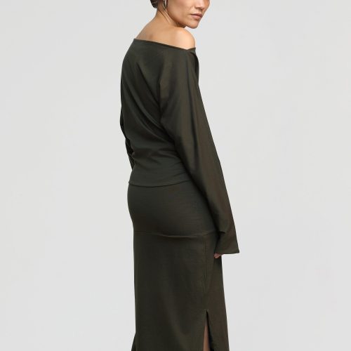 kezia off shoulder satin jersey dress dark nori 2