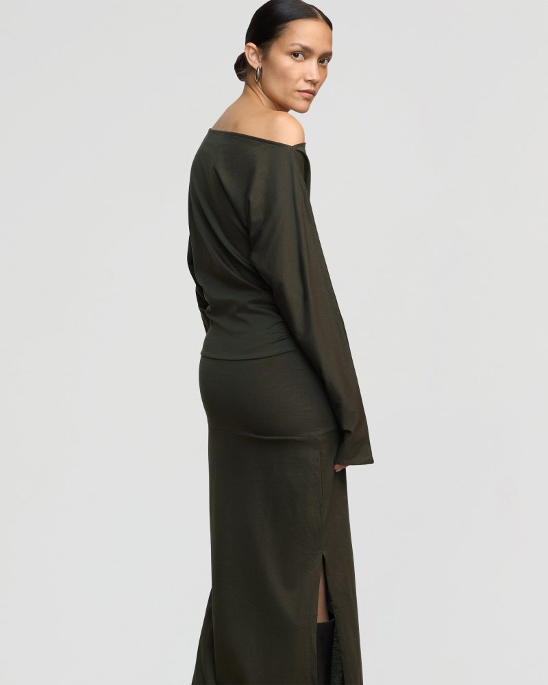 kezia off shoulder satin jersey dress dark nori 2