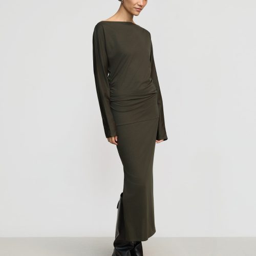 kezia off shoulder satin jersey dress dark nori 3