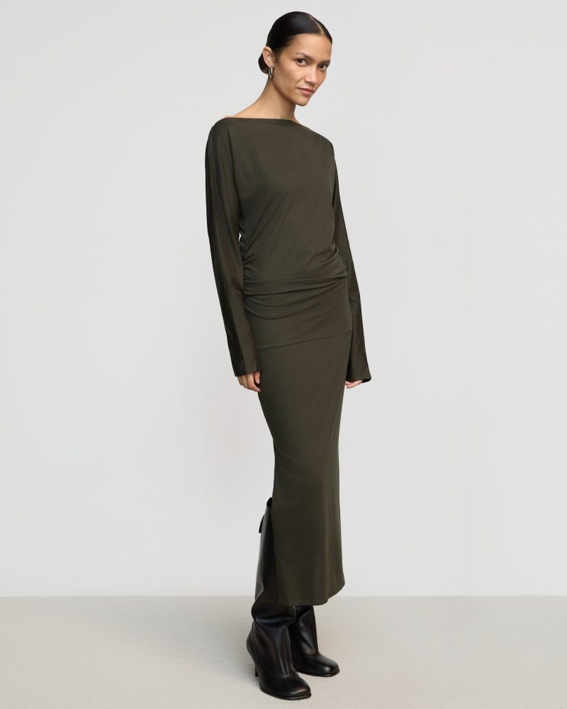 kezia off shoulder satin jersey dress dark nori 3