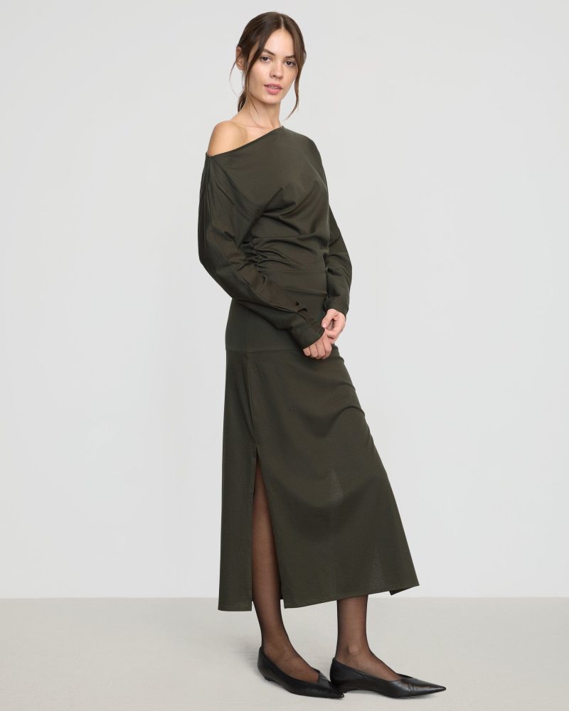 kezia off shoulder satin jersey dress dark nori 3 e1af41f5 e2a7 4f98 81cf c8b9056336ad