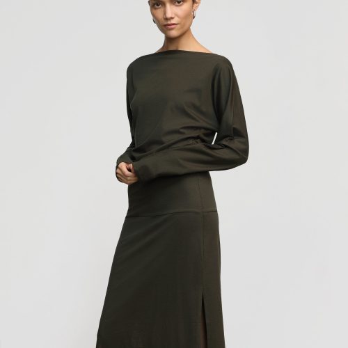 kezia off shoulder satin jersey dress dark nori 4