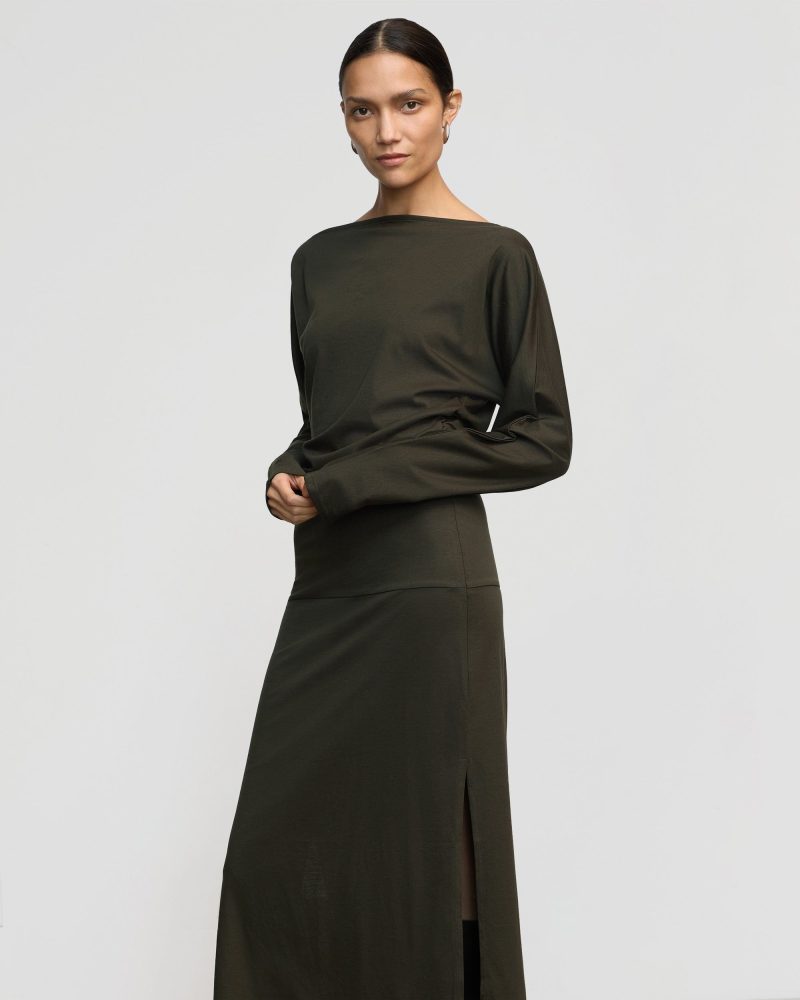 kezia off shoulder satin jersey dress dark nori 4