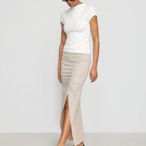 kiki ruched side slit midi skirt oatmeal 3