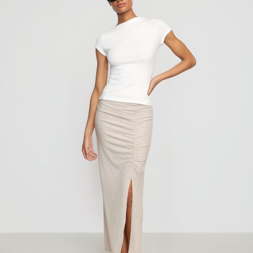 kiki ruched side slit midi skirt oatmeal 4