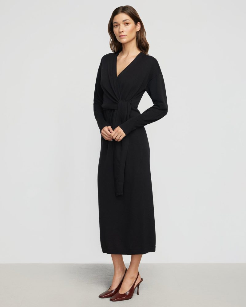 linden front wrap sweater dress black 3