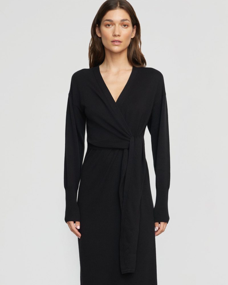 linden front wrap sweater dress black 4