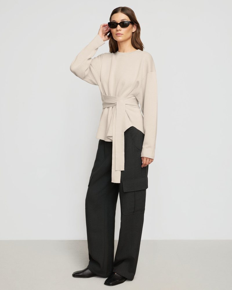 nara knit tie front sweater oatmeal 2