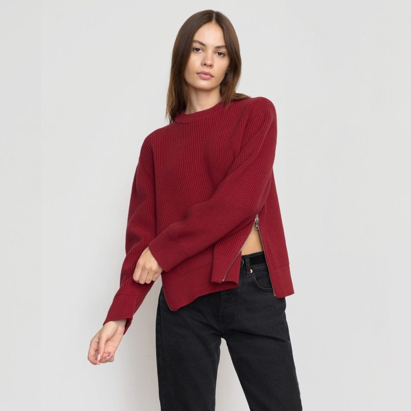 tate organic cotton side zip sweater crimson 0