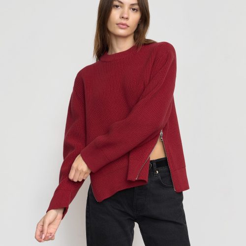 tate organic cotton side zip sweater crimson 1