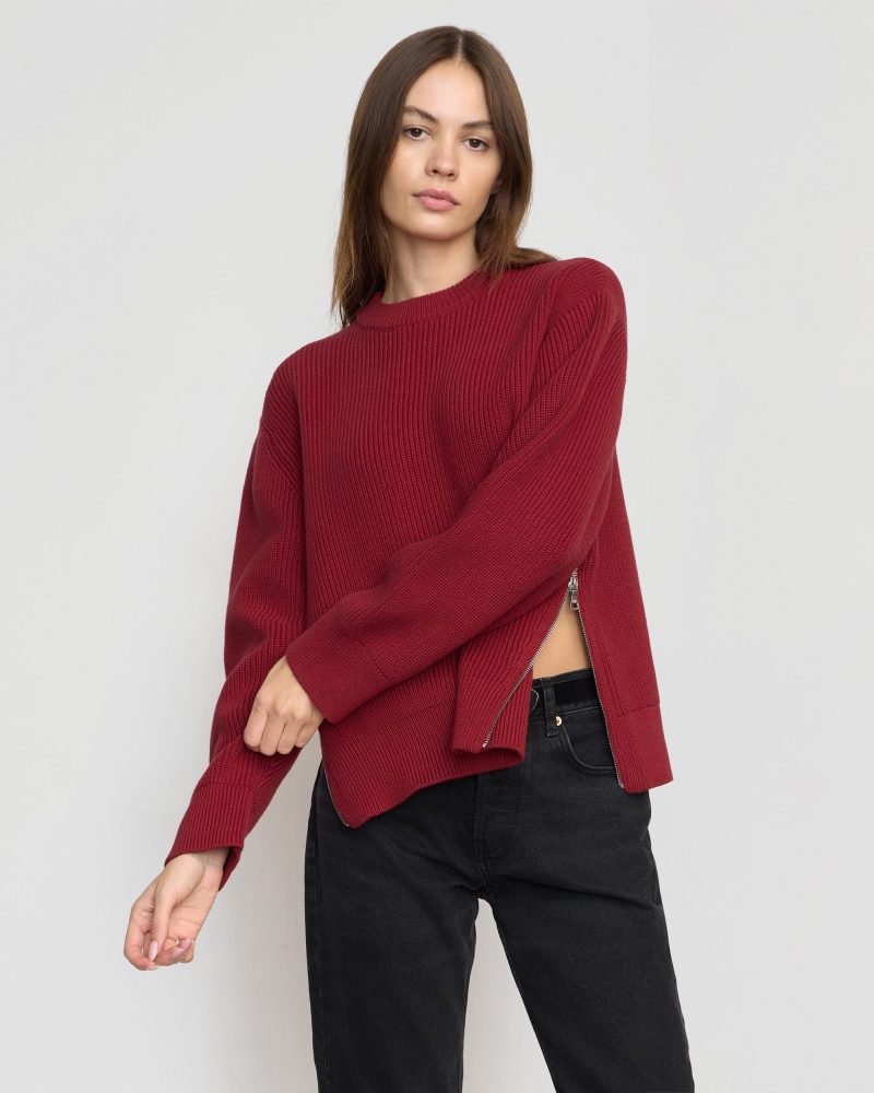 tate organic cotton side zip sweater crimson 1