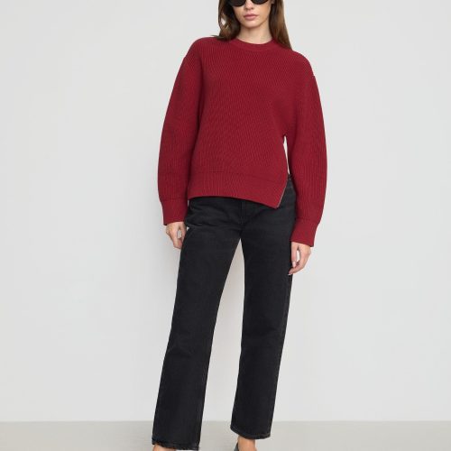 tate organic cotton side zip sweater crimson 2