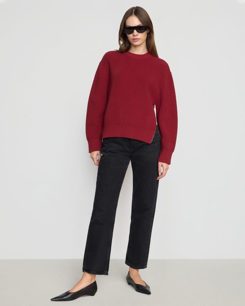 tate organic cotton side zip sweater crimson 2