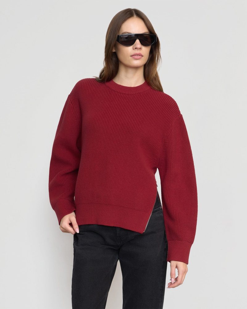 tate organic cotton side zip sweater crimson 3