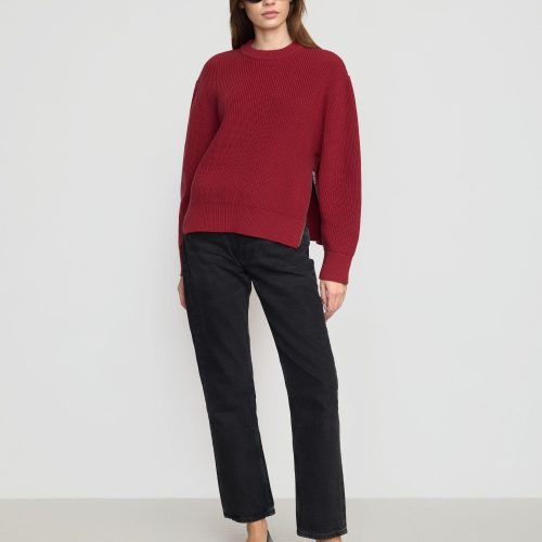 tate organic cotton side zip sweater crimson 4